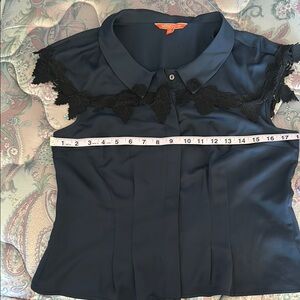ModCloth Navy Blouse with Black Lace
